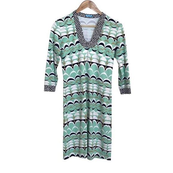 J.McLaughlin Giselle Dress Catalina Cloth Stretch V-neck Mint Navy White Gold Bl - Picture 2 of 10